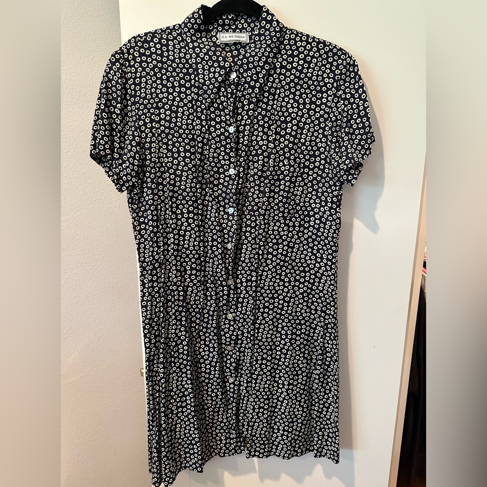 E.D. Michaels Navy White Polka Dot Button Front Shirt Dress Short Sleeve